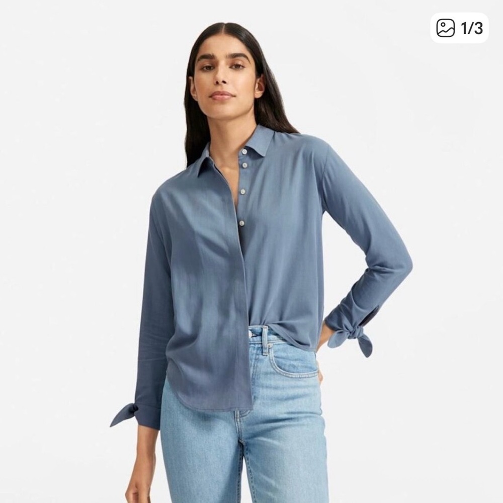 Everlane Blue Washable Silk Button-Down Blouse